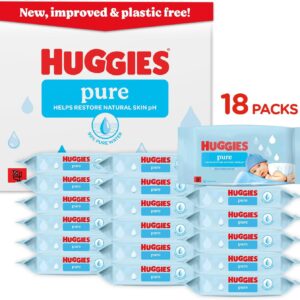 huggies pure plastic free baby wipes – 99% water wet wipes, fragrance free, hypoallergenic, better cleaning, soft and gentle on babies' delicate skin – pack of 18 (864 wipes)