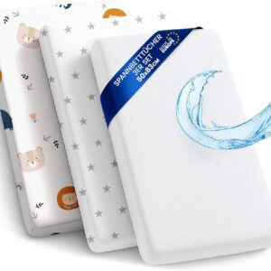 sheet for moses basket bassinet crib and fitted set of 3: 50x83 cm 2x sheets + 1x waterproof mattress protector set pram bed baby cot liner cover breathable 50 x 83