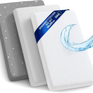 sheet for moses basket bassinet crib and fitted set of 3: 55x90 cm 2x sheets + 1x waterproof mattress protector set pram bed baby cot liner cover breathable 55 x 90