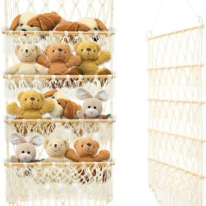 4 layer versatile plush toy holder large capacity vertical toy storage organizer safe nursery hanging organizer stable stuffed animals holder for kids children bedroom(beige)