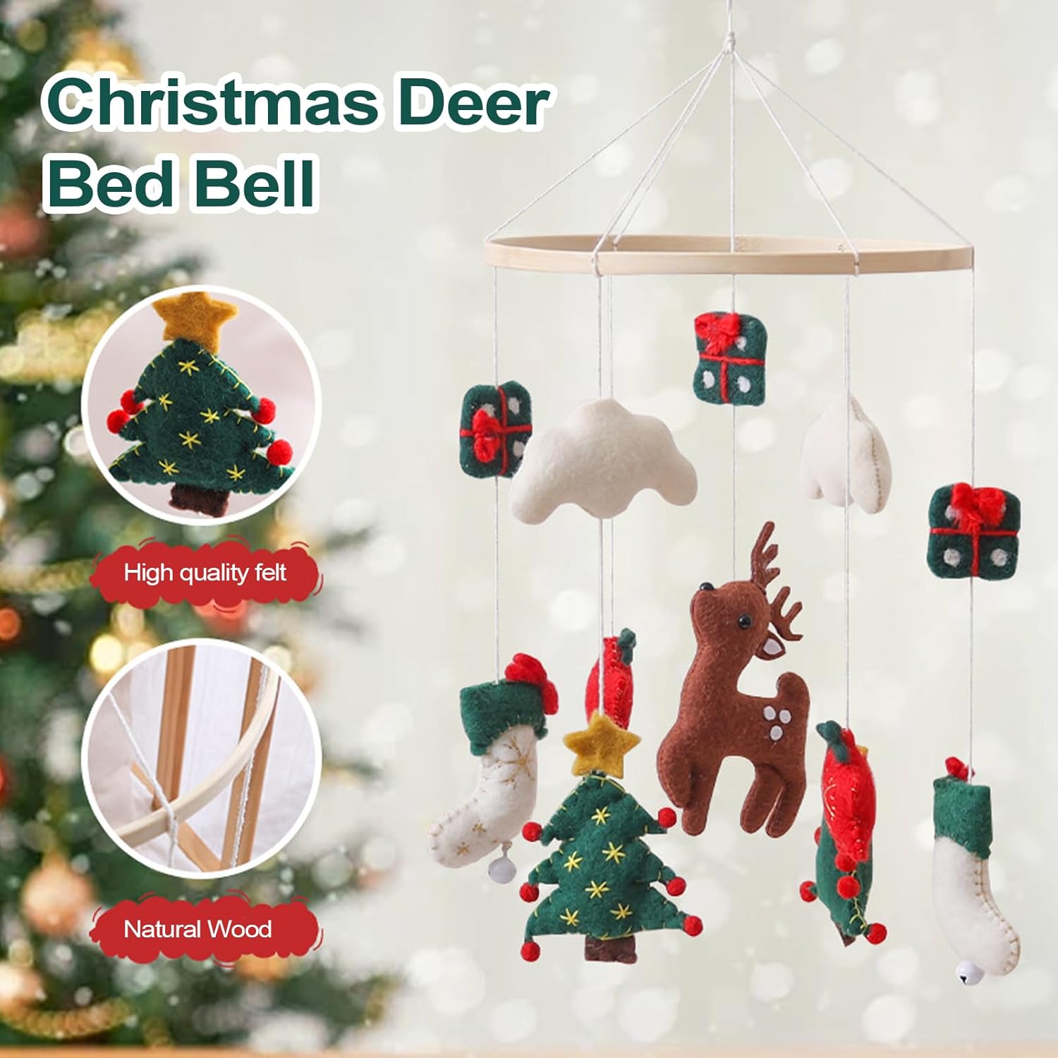 baby mobile, christmas bassinet mobile, cute felt reindeer christmas tree nursery decor for children's room wall birthday girls play boys baby mobile, christmas bassinet mobile, cute felt reindeer christmas tree nursery decor for children's room wall birthday girls play boys