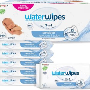 waterwipes sensitive+ newborn & baby wipes, 360 count (6 packs), 3 in 1 cleans, cares, protects, 99.9% water, unscented