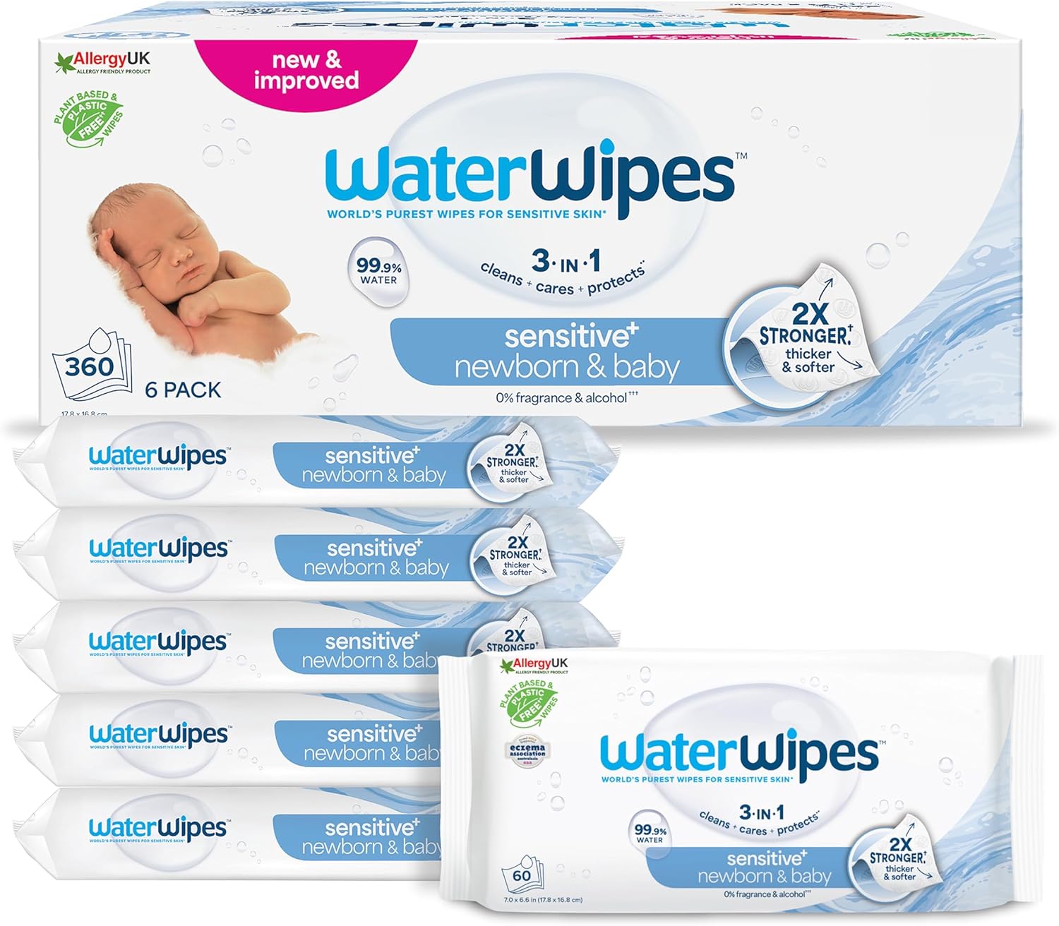 waterwipes sensitive+ newborn & baby wipes, 360 count (6 packs), 3 in 1 cleans, cares, protects, 99.9% water, unscented waterwipes sensitive+ newborn & baby wipes, 360 count (6 packs), 3 in 1 cleans, cares, protects, 99.9% water, unscented