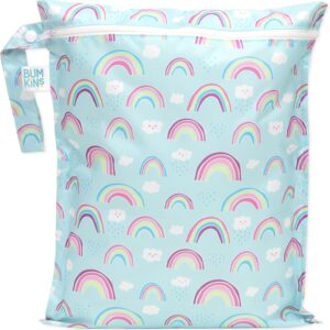 bumkins waterproof wet bag for baby, travel, swim suit, cloth diapers, pump parts, pool, gym clothes, toiletry, strap to stroller, daycare, zipper reusable bag, wetdry packing pouch, rainbows blue