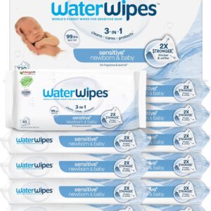 waterwipes sensitive+ newborn & baby wipes, 720 count (12 packs), 3 in 1 cleans, cares, protects, 99.9% water, unscented