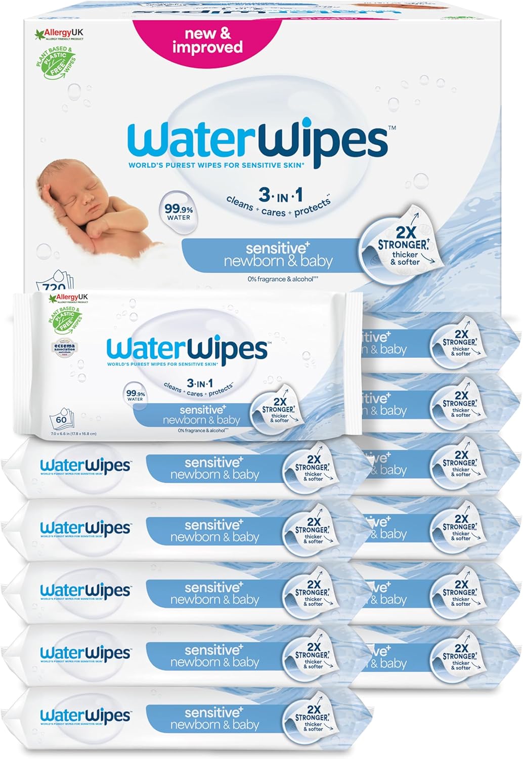 waterwipes sensitive+ newborn & baby wipes, 720 count (12 packs), 3 in 1 cleans, cares, protects, 99.9% water, unscented waterwipes sensitive+ newborn & baby wipes, 720 count (12 packs), 3 in 1 cleans, cares, protects, 99.9% water, unscented