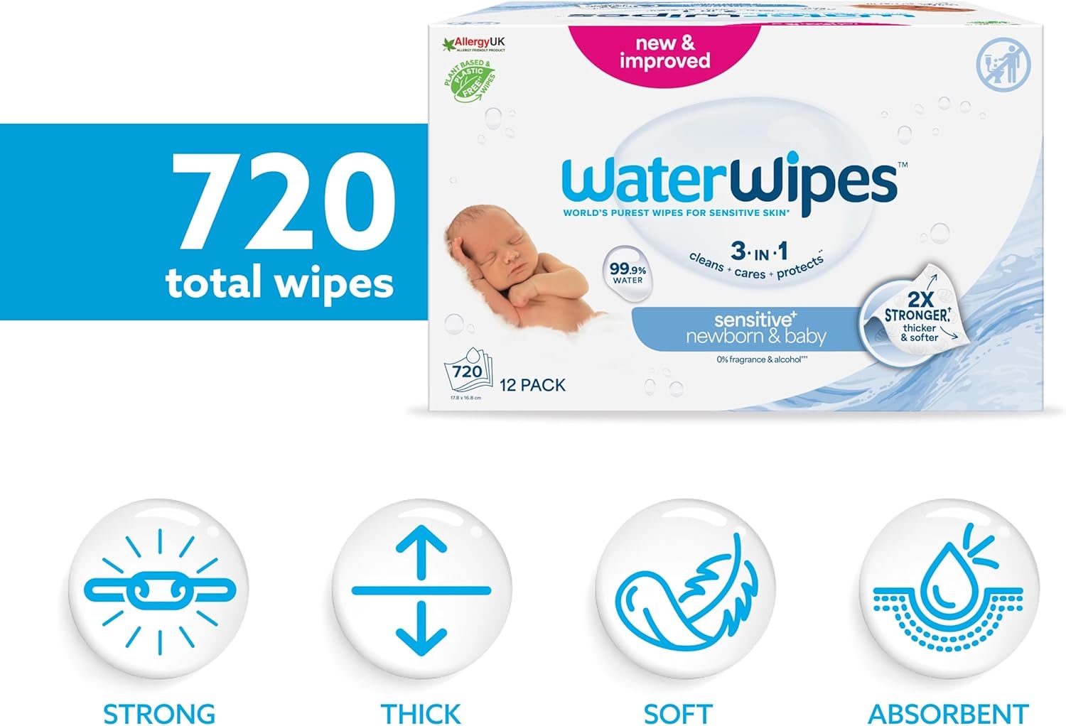 waterwipes sensitive+ newborn & baby wipes, 720 count (12 packs), 3 in 1 cleans, cares, protects, 99.9% water, unscented waterwipes sensitive+ newborn & baby wipes, 720 count (12 packs), 3 in 1 cleans, cares, protects, 99.9% water, unscented