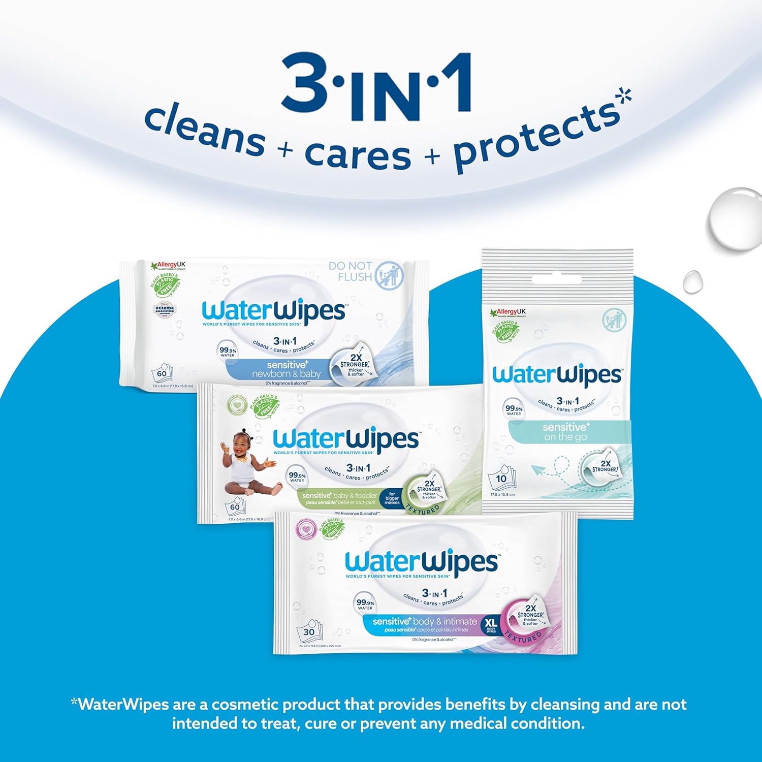 waterwipes sensitive+ newborn & baby wipes, 720 count (12 packs), 3 in 1 cleans, cares, protects, 99.9% water, unscented waterwipes sensitive+ newborn & baby wipes, 720 count (12 packs), 3 in 1 cleans, cares, protects, 99.9% water, unscented