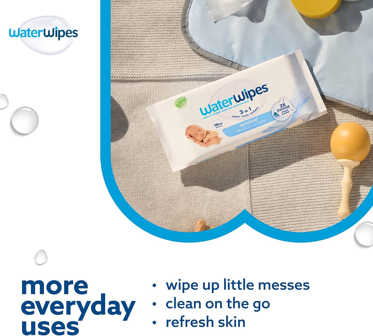 waterwipes sensitive+ newborn & baby wipes, 1080 count (18 packs), 3 in 1 cleans, cares, protects, 99.9% water, unscented waterwipes sensitive+ newborn & baby wipes, 1080 count (18 packs), 3 in 1 cleans, cares, protects, 99.9% water, unscented