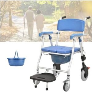 foldable commode wheelchair with lockable casters 4 in 1 rolling shower chair with detachable bucket, safe and convenient bathroom stool