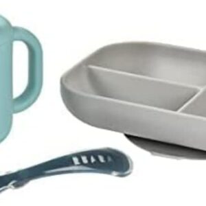 béaba silicone baby meal set, set of 3, plate with divider, cup and spoon, healthy and sustainable silicone, dishwasher safe, microwave safe, blue