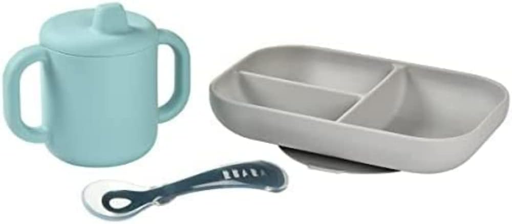 béaba silicone baby meal set, set of 3, plate with divider, cup and spoon, healthy and sustainable silicone, dishwasher safe, microwave safe, blue béaba silicone baby meal set, set of 3, plate with divider, cup and spoon, healthy and sustainable silicone, dishwasher safe, microwave safe, blue