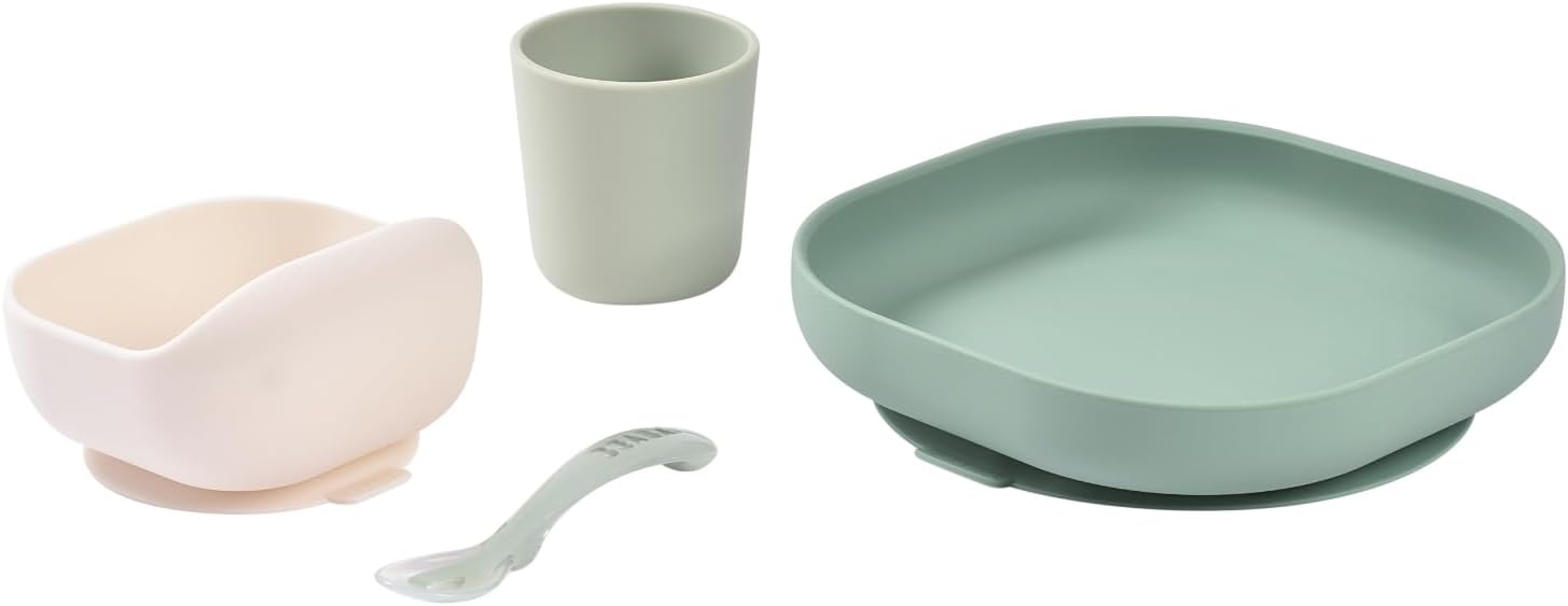 bÉaba, silicone baby food dinnerware set with suction cup non slip 4 piece plate bowl glass spoon healthy sustainable silicone dishwasher safe microwave safe sage green bÉaba, silicone baby food dinnerware set with suction cup non slip 4 piece plate bowl glass spoon healthy sustainable silicone dishwasher safe microwave safe sage green