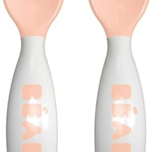bÉaba, set of 2 ergonomic 2nd age learning cutlery from 8 months, easy grip for baby, suitable for right and left handed, carry box included, nude