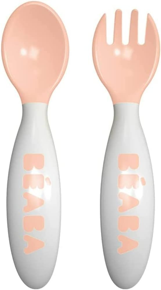 bÉaba, set of 2 ergonomic 2nd age learning cutlery from 8 months, easy grip for baby, suitable for right and left handed, carry box included, nude bÉaba, set of 2 ergonomic 2nd age learning cutlery from 8 months, easy grip for baby, suitable for right and left handed, carry box included, nude