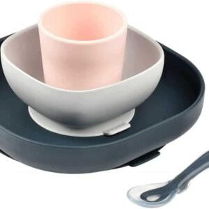 bÉaba, silicone baby dinnerware set with suction cup, non slip, 4 pieces, plate + bowl + glass + spoon, healthy and durable silicone, dishwasher safe, microwave, night blue