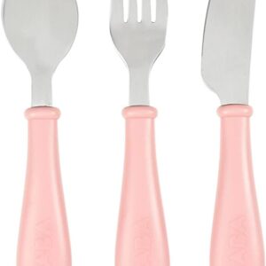 bÉaba, children's learning cutlery set of 3 stainless steel 2nd age, from 12 months baby friendly, pink