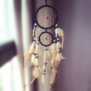 creative double circle dream catcher with feathers hanging ornament dreamcatcher boho tassels decoration for kids baby crib mobile led fairy lights nursery decor black