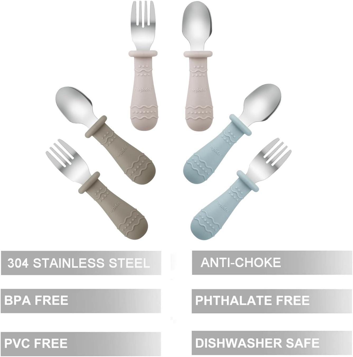 pandaear baby cutlery set, 6 pack kids spoons and forks, 18/8 stainless steel and food grade silicone, kids cutlery set (brown/walnut/blue) pandaear baby cutlery set, 6 pack kids spoons and forks, 18/8 stainless steel and food grade silicone, kids cutlery set (brown/walnut/blue)