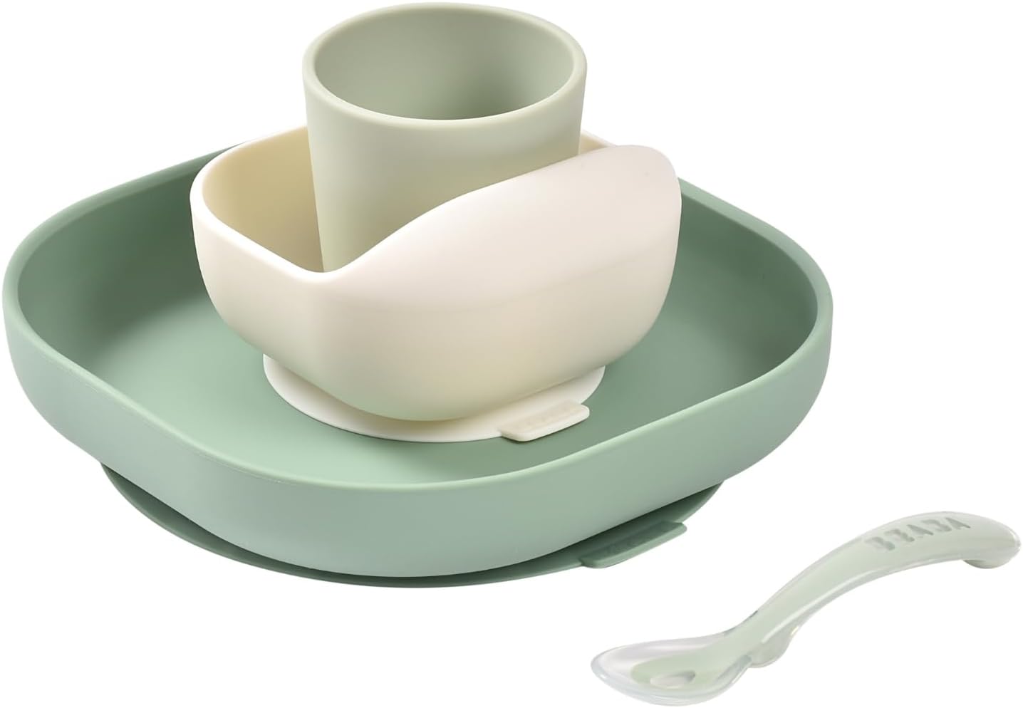 bÉaba, silicone baby food dinnerware set with suction cup non slip 4 piece plate bowl glass spoon healthy sustainable silicone dishwasher safe microwave safe sage green bÉaba, silicone baby food dinnerware set with suction cup non slip 4 piece plate bowl glass spoon healthy sustainable silicone dishwasher safe microwave safe sage green