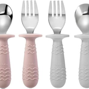 pandaear, 4 piece baby and toddler cutlery set self feeding silicone stainless steel utensils spoon fork 12 months and above silicone grip design