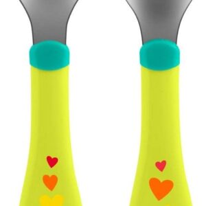 chicco stainless steel cutlery kids cutlery set porridge fork and spoon for children, stainless steel, easy to port, first food weaning set, 2 pieces, 18m+, green