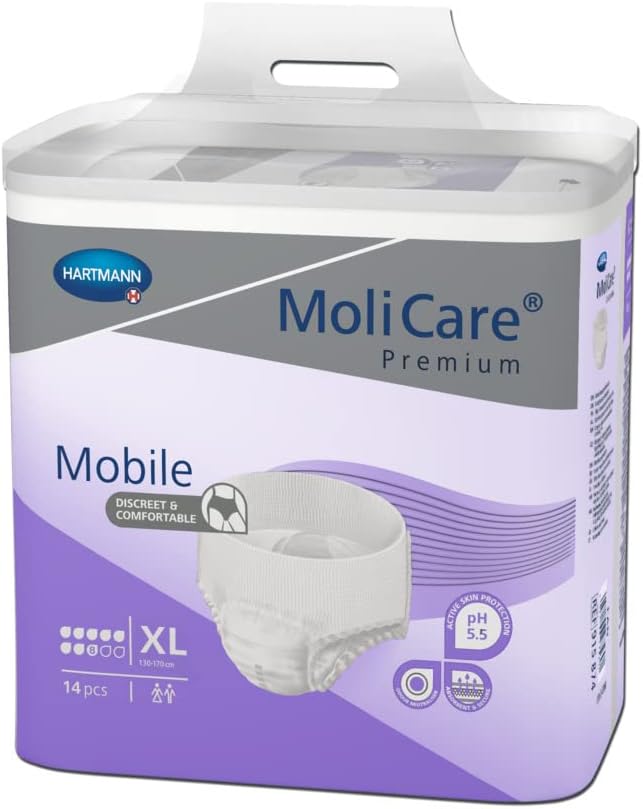 molicare premium mobile disposable incontinence pants: for women and men with incontinence; 8 drops, size xl, pack of 14 molicare premium mobile disposable incontinence pants: for women and men with incontinence; 8 drops, size xl, pack of 14
