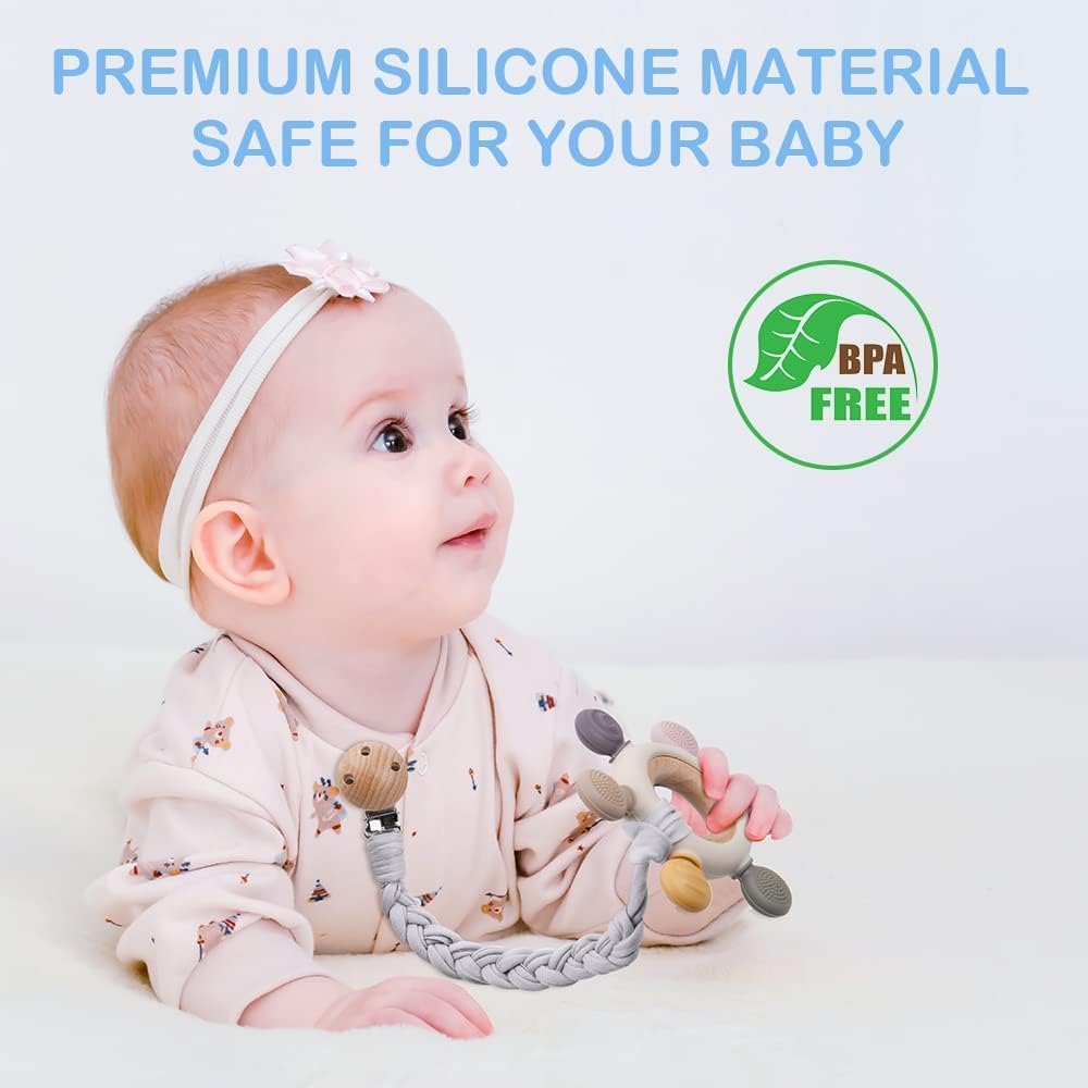 vicloon teething toys, baby teether with chain dummy holder in grey cotton, bpa free, massage gums, rudder shape vicloon teething toys, baby teether with chain dummy holder in grey cotton, bpa free, massage gums, rudder shape