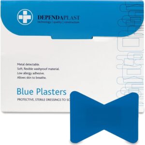 dependaplast food area blue plasters with high visibility and metal detection properties, easily detectable, individually wrapped fingertip box of 50