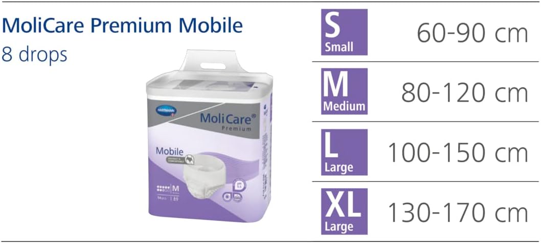 molicare premium mobile disposable incontinence pants: for women and men with incontinence; 8 drops, size xl, pack of 14 molicare premium mobile disposable incontinence pants: for women and men with incontinence; 8 drops, size xl, pack of 14