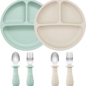pandaear 2 divided children's plates with suction plate and 2 baby spoons 2 forks silicone baby plate non slip bpa free split plate set learning plate