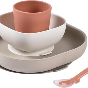bÉaba, baby food silicone dinnerware set with suction cup non slip 4 piece plate bowl glass spoon healthy sustainable silicone dishwasher safe microwave safe terracotta