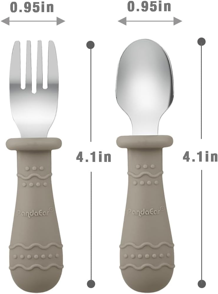 pandaear baby cutlery set, 6 pack kids spoons and forks, 18/8 stainless steel and food grade silicone, kids cutlery set (brown/walnut/blue) pandaear baby cutlery set, 6 pack kids spoons and forks, 18/8 stainless steel and food grade silicone, kids cutlery set (brown/walnut/blue)