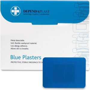 dependaplast food area blue plasters with high visibility and metal detection properties, easily detectable, individually wrapped 7.5 cm x 5 cm, blue (pack of 50)