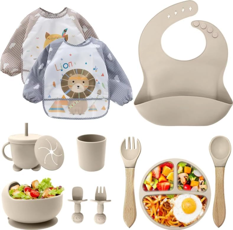 baby silicone tableware set 12 pieces bpa free children's plate with suction cup, drinking cup with straw, silicone bib, bowl, wooden spoon, baby cutlery dishwasher & microwave safe baby silicone tableware set 12 pieces bpa free children's plate with suction cup, drinking cup with straw, silicone bib, bowl, wooden spoon, baby cutlery dishwasher & microwave safe
