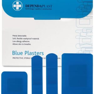 dependaplast food area blue plasters with high visibility and metal detection properties, easily detectable, individually wrapped assorted box of 100