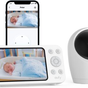 eufy baby monitor e20 with 2k hd camera, 5 inch 720p display, hybrid wi fi and no wi fi connection, app and monitor control, pan tilt, 4 x zoom, portable camera with built in battery, anr, smart