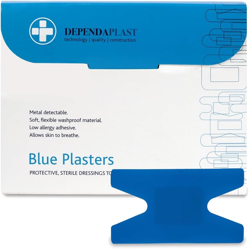 dependaplast food area blue plasters with high visibility and metal detection properties, easily detectable, individually wrapped anchor box of 50 dependaplast food area blue plasters with high visibility and metal detection properties, easily detectable, individually wrapped anchor box of 50
