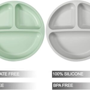 pandaear set of 2 children's plates with suction cup and spoon, 3 part silicone baby plates, non slip with dividers, bpa free, blw learning plate