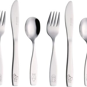 exzact children's cutlery stainless steel 6pcs set/kids cutlery/toddler utensils/flatware 2 x forks, 2 x safe dinner knives, 2 x dinner spoons engraved dog cat bunny design