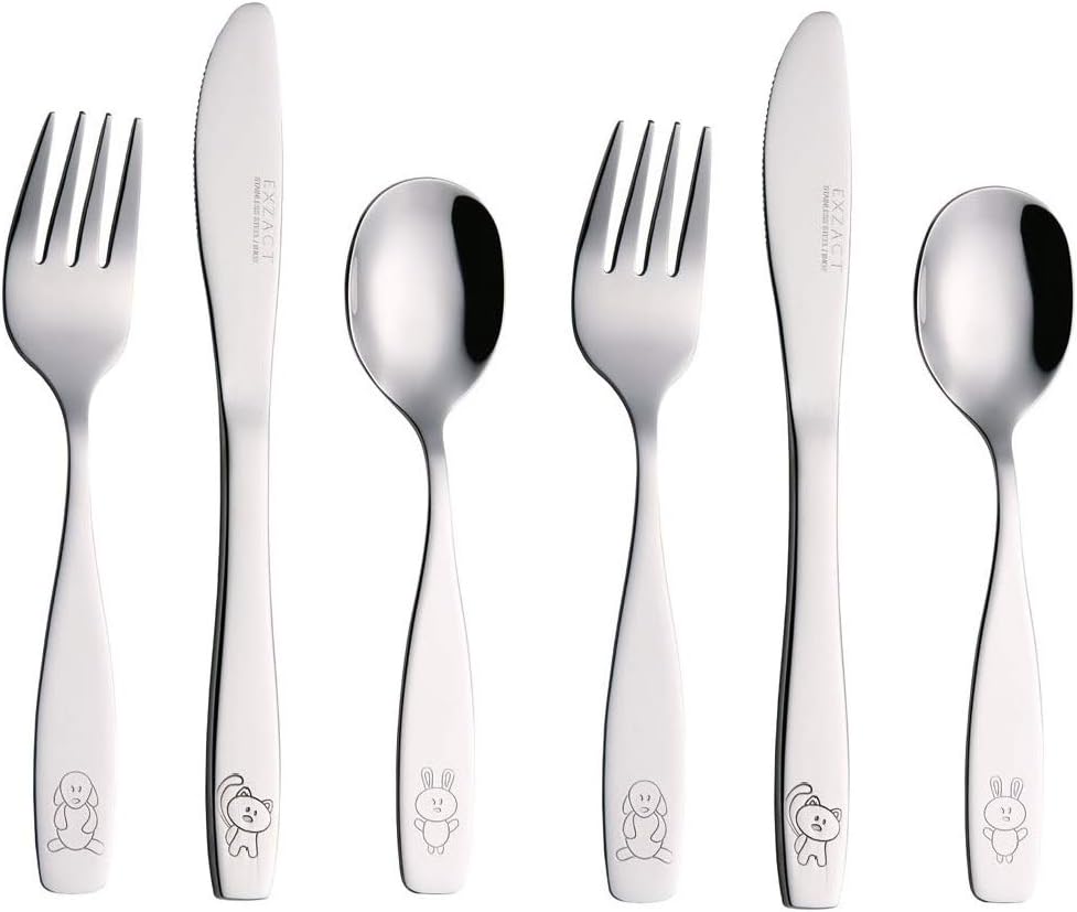 exzact children's cutlery stainless steel 6pcs set/kids cutlery/toddler utensils/flatware 2 x forks, 2 x safe dinner knives, 2 x dinner spoons engraved dog cat bunny design exzact children's cutlery stainless steel 6pcs set/kids cutlery/toddler utensils/flatware 2 x forks, 2 x safe dinner knives, 2 x dinner spoons engraved dog cat bunny design