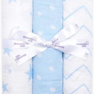 bloomsbury mill baby swaddle blanket soft 100% organic cotton swaddles for newborn large muslin cloths for baby boys pack of 3 baby essentials for newborn blue & white 120x120cm