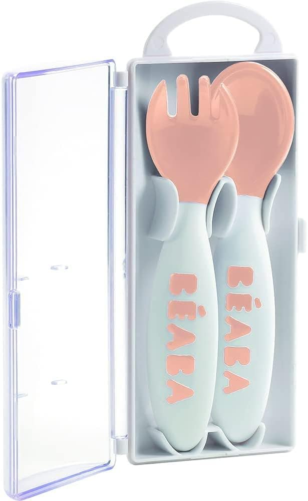 bÉaba, set of 2 ergonomic 2nd age learning cutlery from 8 months, easy grip for baby, suitable for right and left handed, carry box included, nude bÉaba, set of 2 ergonomic 2nd age learning cutlery from 8 months, easy grip for baby, suitable for right and left handed, carry box included, nude