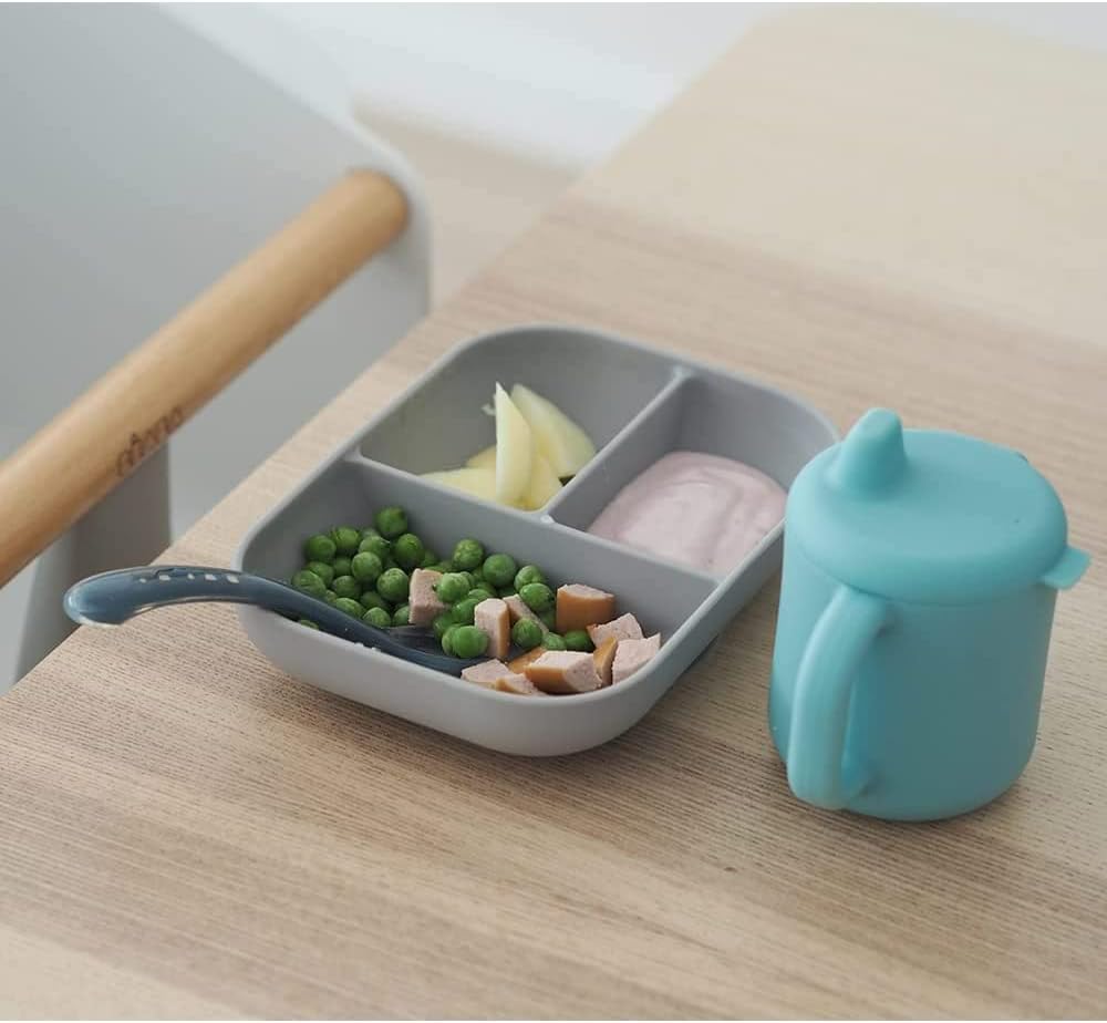 béaba silicone baby meal set, set of 3, plate with divider, cup and spoon, healthy and sustainable silicone, dishwasher safe, microwave safe, blue béaba silicone baby meal set, set of 3, plate with divider, cup and spoon, healthy and sustainable silicone, dishwasher safe, microwave safe, blue