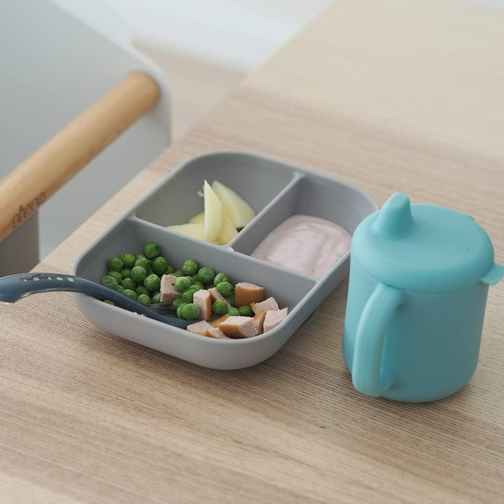 béaba silicone baby meal set, set of 3, plate with divider, cup and spoon, healthy and sustainable silicone, dishwasher safe, microwave safe, blue béaba silicone baby meal set, set of 3, plate with divider, cup and spoon, healthy and sustainable silicone, dishwasher safe, microwave safe, blue