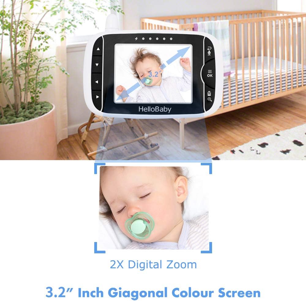 hellobaby baby monitor with remote pan tilt zoom camera 3.2'' lcd screen upgraded 2020, infrared night vision, temperature display, lullaby, two way audio, with vox mode (3.2 inch) hellobaby baby monitor with remote pan tilt zoom camera 3.2'' lcd screen upgraded 2020, infrared night vision, temperature display, lullaby, two way audio, with vox mode (3.2 inch)