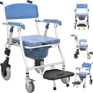 4 in 1 rolling shower chair, foldable multifunction commode with wheels, brakes, and armrests for mobility and bathroom safety