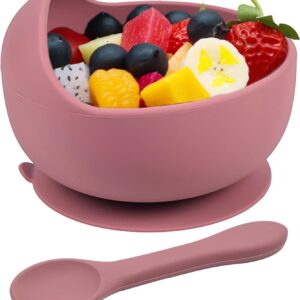 baby feeding bowls spoon, silicone weaning set for toddlers with suction cup, bpa free, kids tableware, eating bowl, baby boys, girls, easy clean, dishwasher safe, pink purple