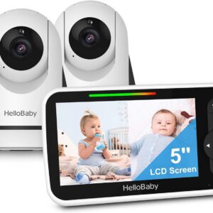 hellobaby video baby monitor with 2 cameras and 5 inch split screen display, remote control cameras with night vision and temprature monitoring