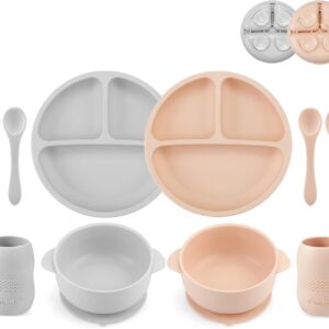 pandaear silicone baby crockery set with suction cup, 2 divided children's plates + 2 suction cups, baby porridge bowl + 2 baby drinking cups with 2 baby spoons, 2 forks, children's crockery set, baby
